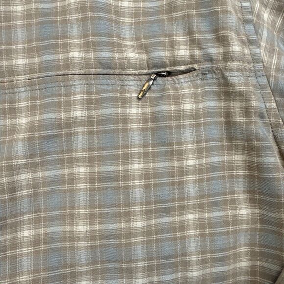 Columbia Men’s Large Tan & Light Blue Plaid Button-Down Long Sleeve Shirt w/ Zip - Picture 2 of 7